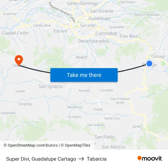 Super Divi, Guadalupe Cartago to Tabarcia map