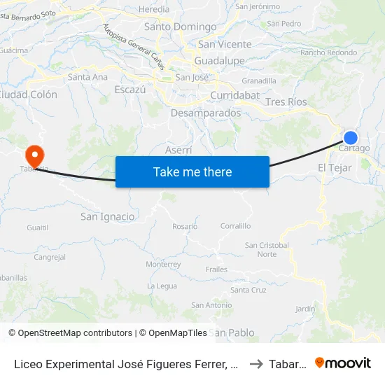 Liceo Experimental José Figueres Ferrer, Cartago to Tabarcia map