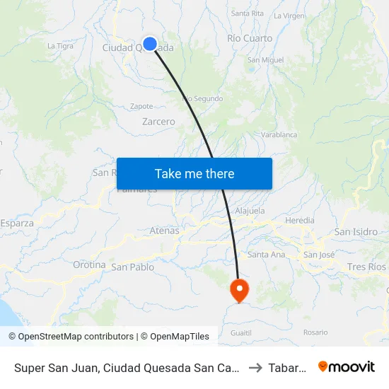 Super San Juan, Ciudad Quesada San Carlos to Tabarcia map