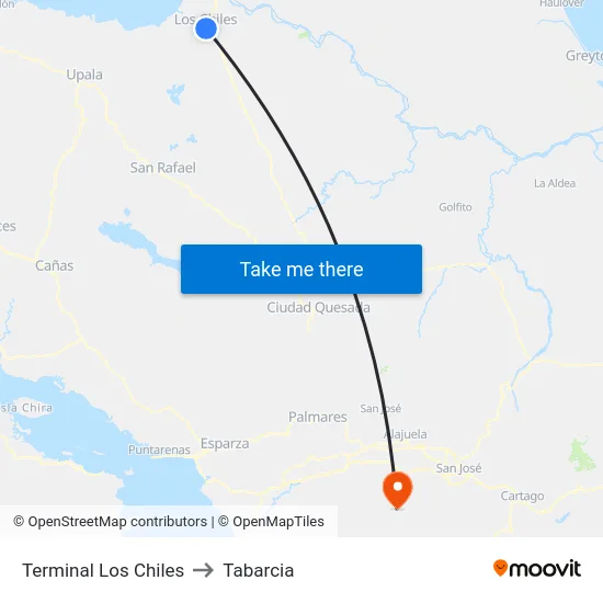 Terminal Los Chiles to Tabarcia map