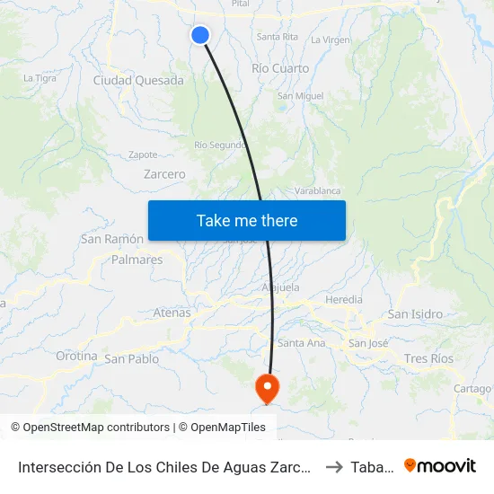 Intersección De Los Chiles De Aguas Zarcas, San Carlos to Tabarcia map