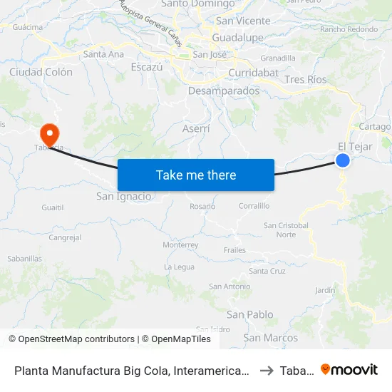 Planta Manufactura Big Cola, Interamericana Sur El Guarco to Tabarcia map