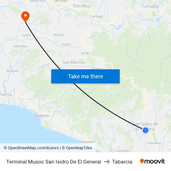 Terminal Musoc San Isidro De El General to Tabarcia map