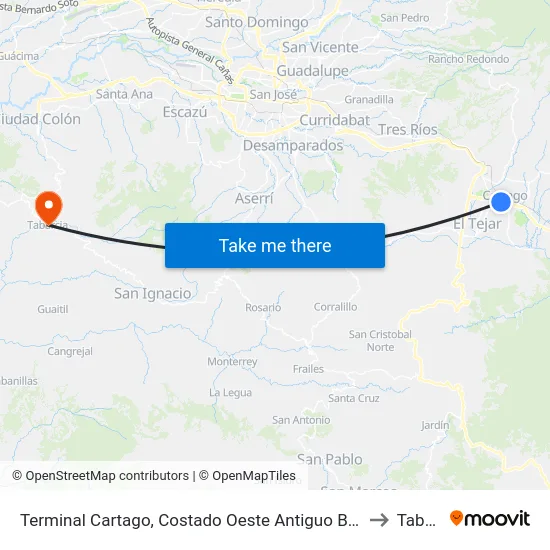 Terminal Cartago, Costado Oeste Antiguo Banco Crédito Agricola to Tabarcia map