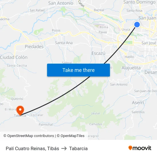 Palí Cuatro Reinas, Tibás to Tabarcia map