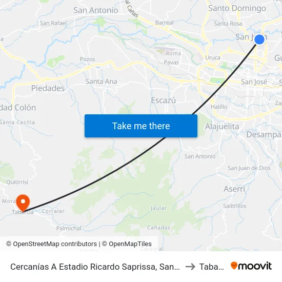 Cercanías A Estadio Ricardo Saprissa, San Juan Tibás to Tabarcia map