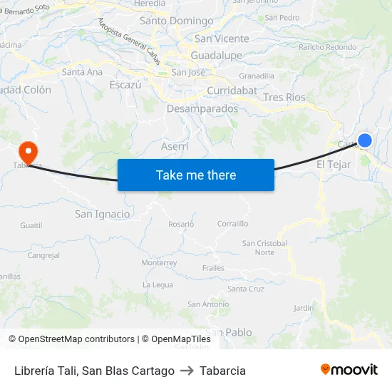 Librería Tali, San Blas Cartago to Tabarcia map