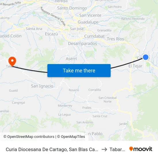 Curia Diocesana De Cartago, San Blas Cartago to Tabarcia map