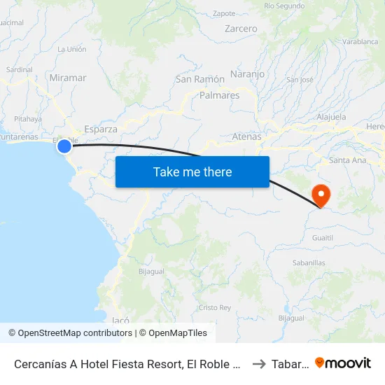 Cercanías A Hotel Fiesta Resort, El Roble Puntarenas to Tabarcia map