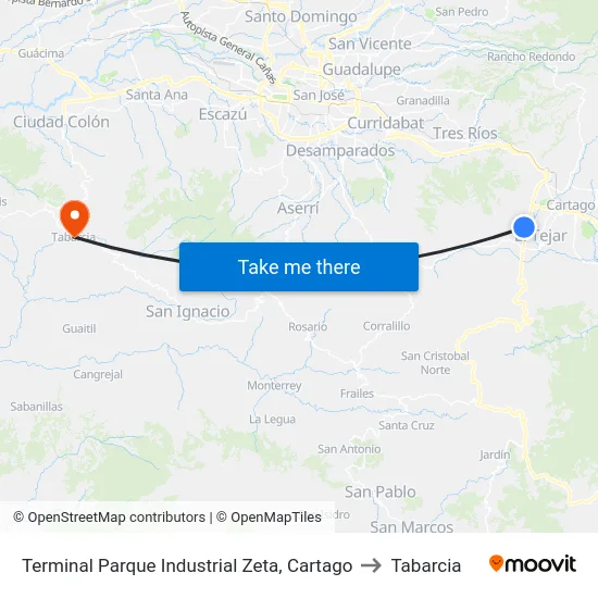 Terminal Parque Industrial Zeta, Cartago to Tabarcia map