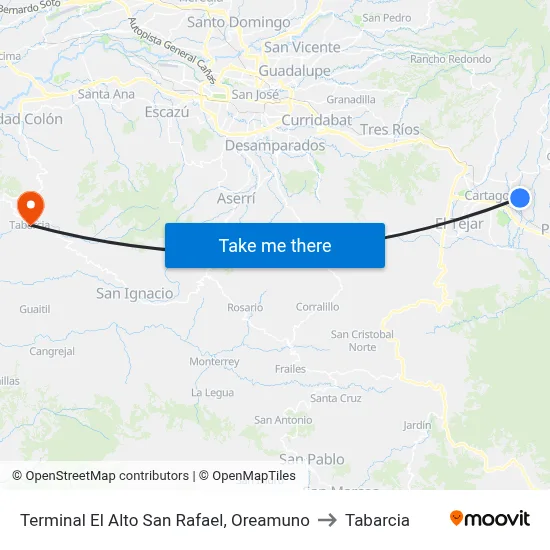 Terminal El Alto San Rafael, Oreamuno to Tabarcia map