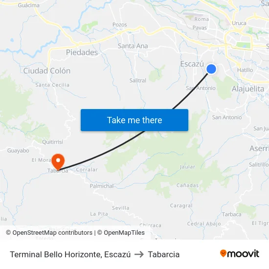 Terminal Bello Horizonte, Escazú to Tabarcia map