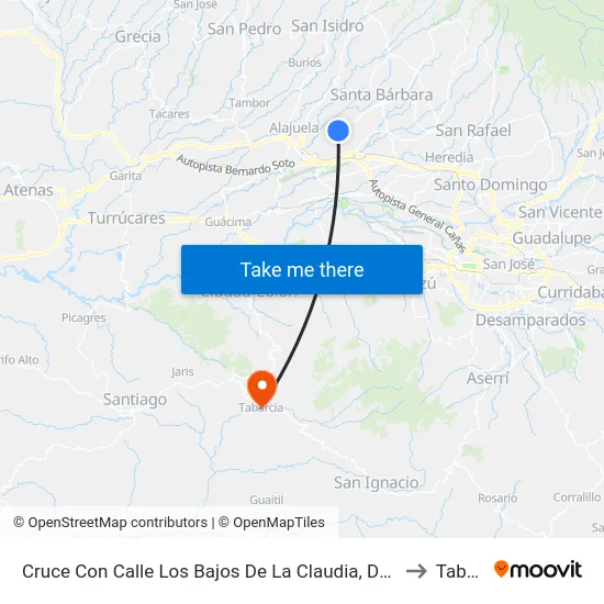 Cruce Con Calle Los Bajos De La Claudia, Desamparados Alajuela to Tabarcia map