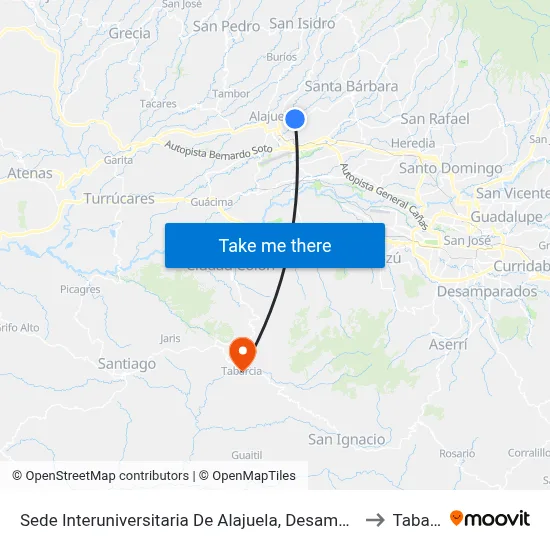 Sede Interuniversitaria De Alajuela, Desamparados Alajuela to Tabarcia map