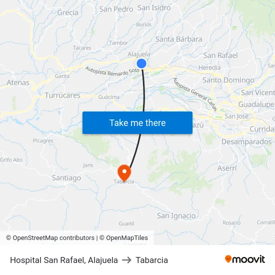Hospital San Rafael, Alajuela to Tabarcia map
