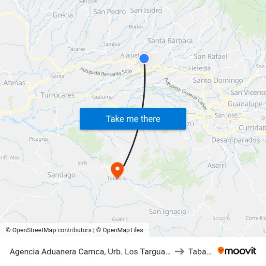 Agencia Aduanera Camca, Urb. Los Targuases Alajuela to Tabarcia map