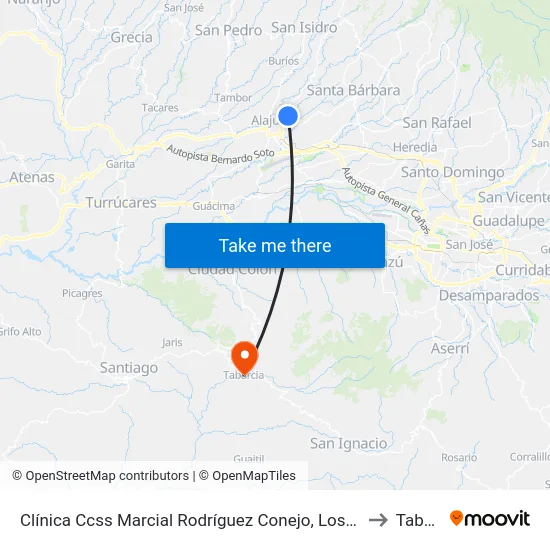 Clínica Ccss Marcial Rodríguez Conejo, Los Higuerones Alajuela to Tabarcia map