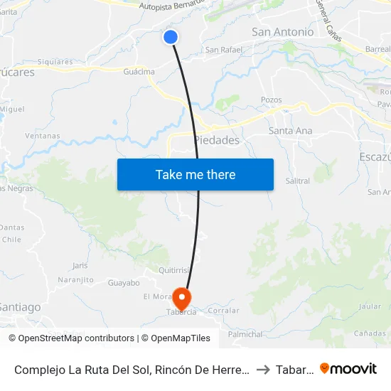 Complejo La Ruta Del Sol, Rincón De Herrera Alajuela to Tabarcia map