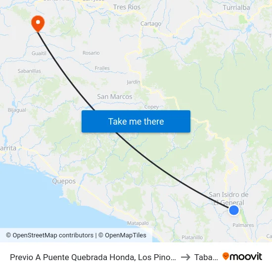 Previo A Puente Quebrada Honda, Los Pinos Perez Zeledón to Tabarcia map