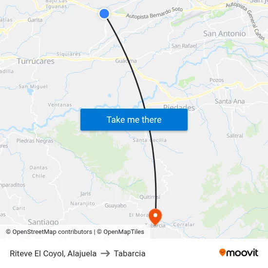 Riteve El Coyol, Alajuela to Tabarcia map