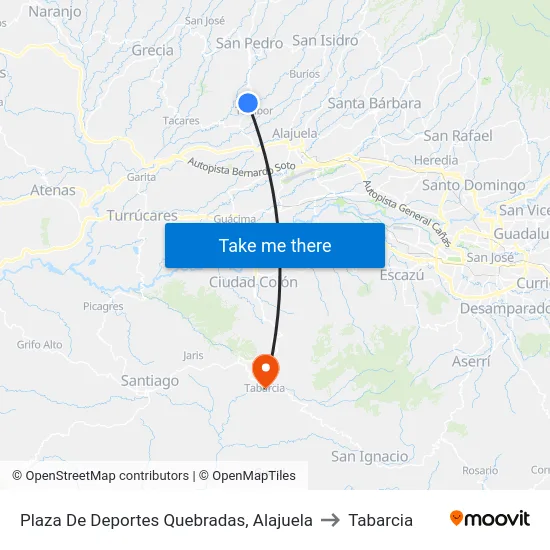 Plaza De Deportes Quebradas, Alajuela to Tabarcia map