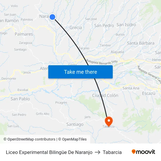 Liceo Experimental Bilingüe De Naranjo to Tabarcia map