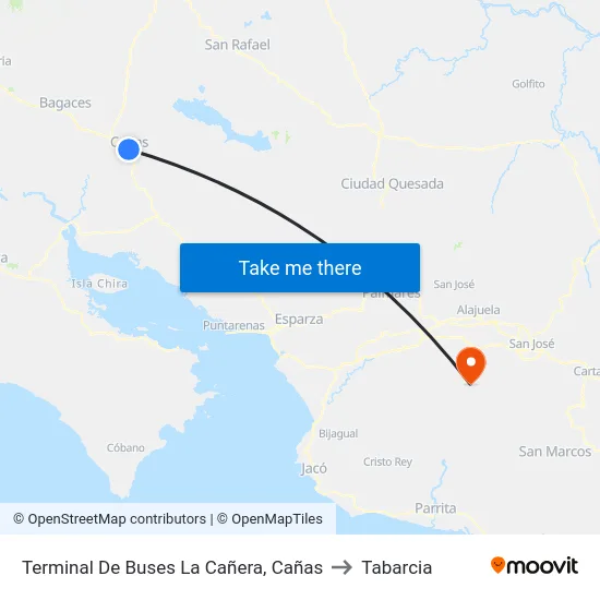 Terminal De Buses La Cañera, Cañas to Tabarcia map