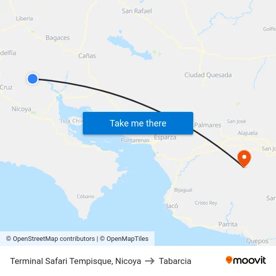 Terminal Safari Tempisque, Nicoya to Tabarcia map