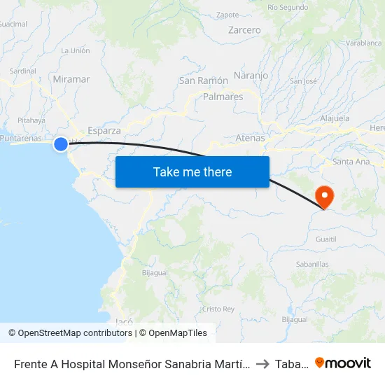 Frente A Hospital Monseñor Sanabria Martínez, Puntarenas to Tabarcia map