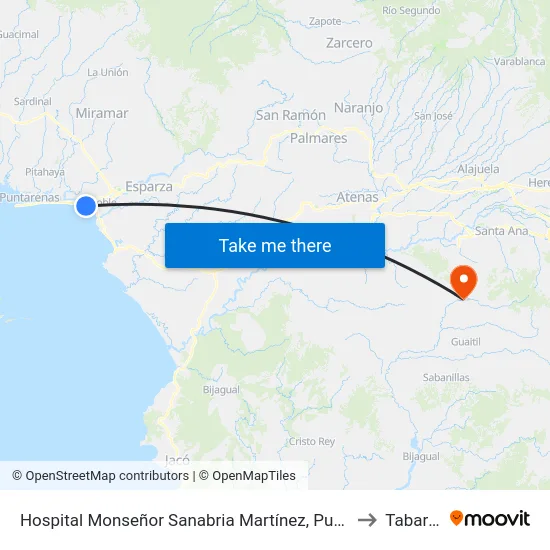 Hospital Monseñor Sanabria Martínez, Puntarenas to Tabarcia map