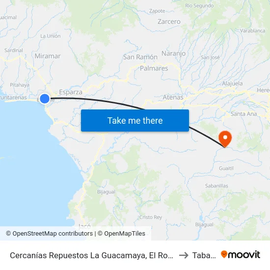 Cercanías Repuestos La Guacamaya, El Roble Puntarenas to Tabarcia map
