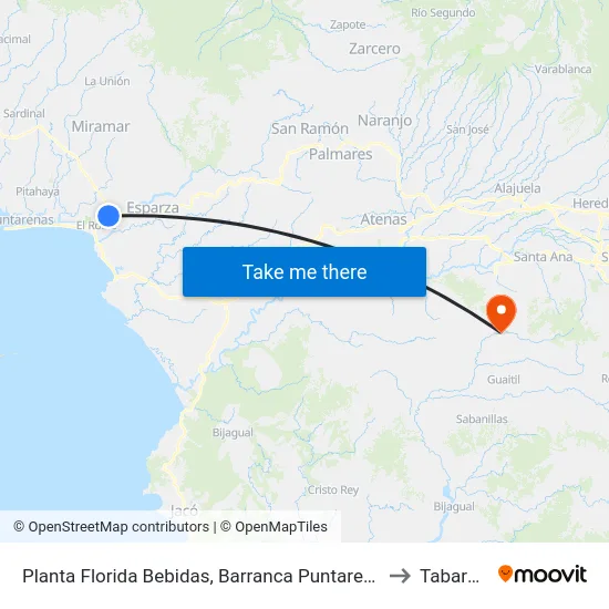 Planta Florida Bebidas, Barranca Puntarenas to Tabarcia map