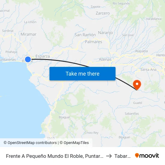Frente A Pequeño Mundo El Roble, Puntarenas to Tabarcia map