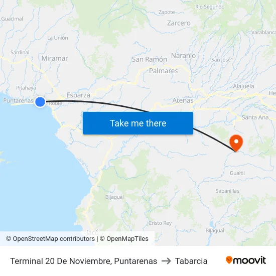 Terminal 20 De Noviembre, Puntarenas to Tabarcia map