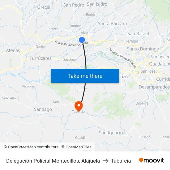 Delegación Policial Montecillos, Alajuela to Tabarcia map