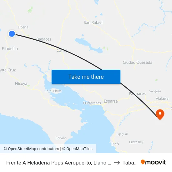 Frente A Heladería Pops Aeropuerto, Llano Grande Liberia to Tabarcia map