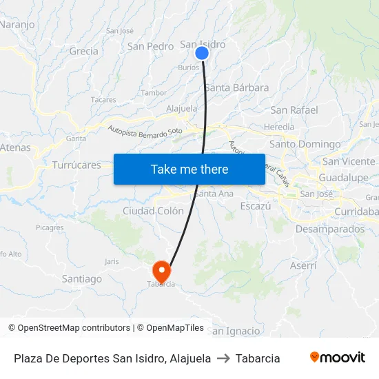 Plaza De Deportes San Isidro, Alajuela to Tabarcia map