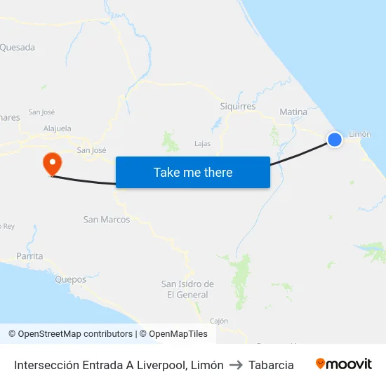 Intersección Entrada A Liverpool, Limón to Tabarcia map