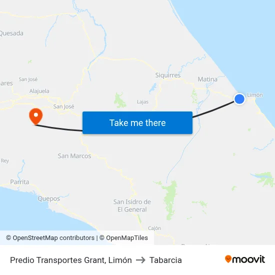 Predio Transportes Grant, Limón to Tabarcia map