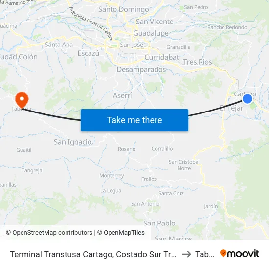 Terminal Transtusa Cartago, Costado Sur Tribunales Justicia Cartago to Tabarcia map