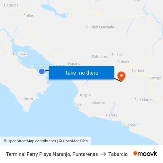 Terminal Ferry Playa Naranjo, Puntarenas to Tabarcia map