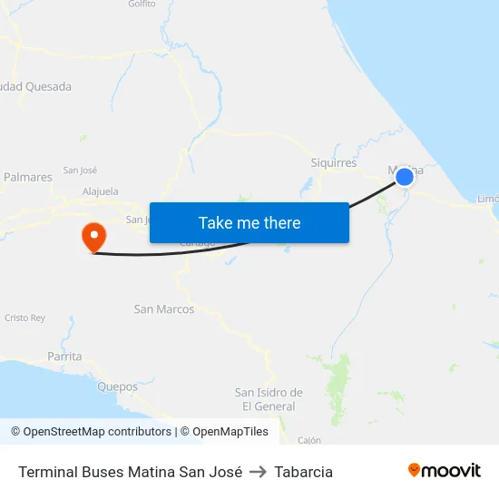Terminal Buses Matina San José to Tabarcia map