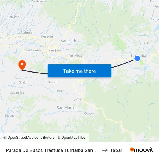 Parada De Buses Trastusa Turrialba San Jose to Tabarcia map