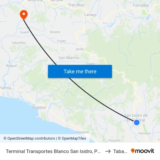 Terminal Transportes Blanco San Isidro, Pérez Zeledón to Tabarcia map