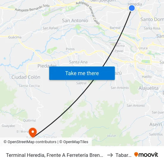 Terminal Heredia, Frente A Ferretería Brenes Heredia to Tabarcia map
