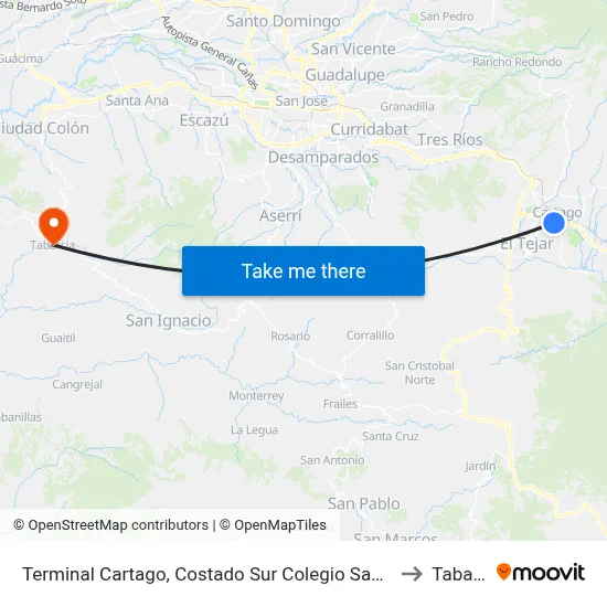 Terminal Cartago, Costado Sur Colegio San Luis Gonzaga to Tabarcia map