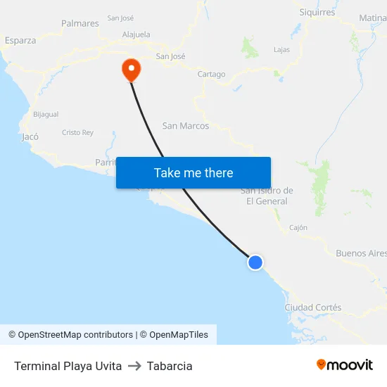 Terminal Playa Uvita to Tabarcia map