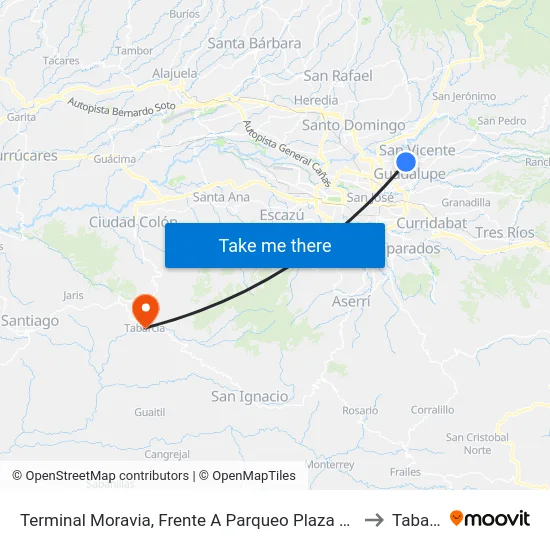 Terminal Moravia, Frente A Parqueo Plaza Lincoln Moravia to Tabarcia map