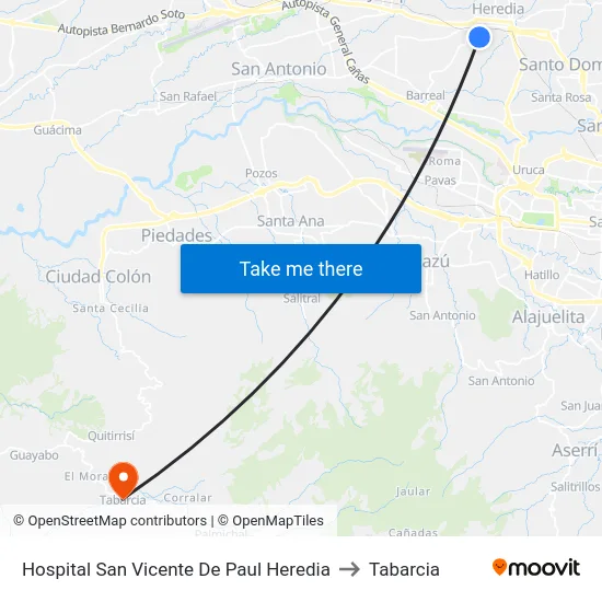 Hospital San Vicente De Paul Heredia to Tabarcia map