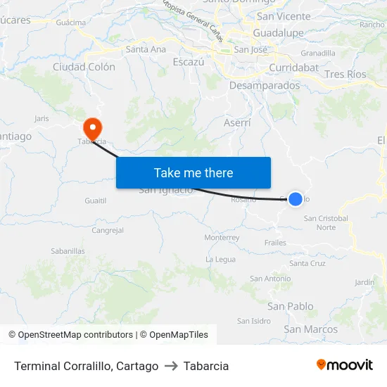 Terminal Corralillo, Cartago to Tabarcia map